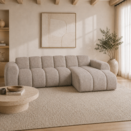 Hoekbank met lounge zand velvet structuurstof - strepen - rechts - Brix