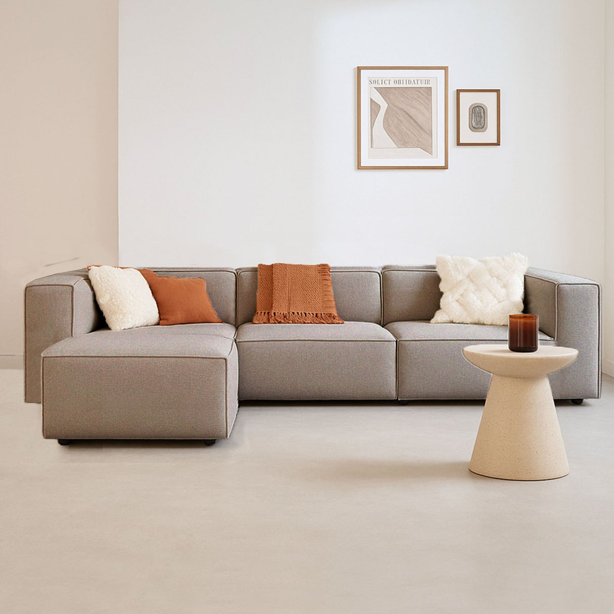 Modulaire hoekbank Fora met losse hocker in linnen stof - bruin