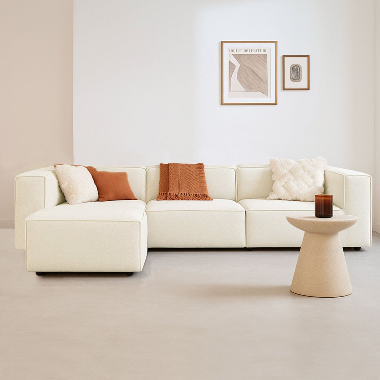 Modulaire hoekbank Fora met losse hocker linnen stof - ecru