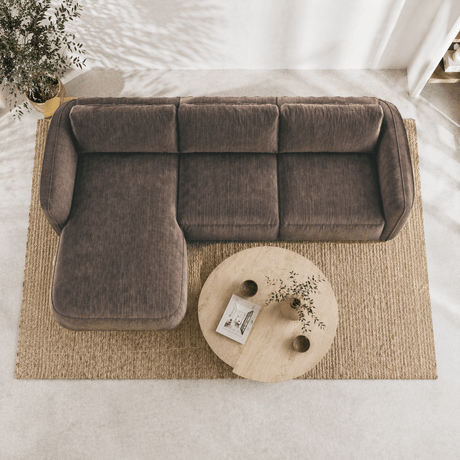 Hoekbank ronde longue mokka bruin velvet structuurstof Dwayne - links