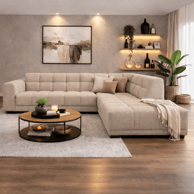 Banken - Hoekbank met lounge beige bouclé stof Nova - rechts - Dimehouse