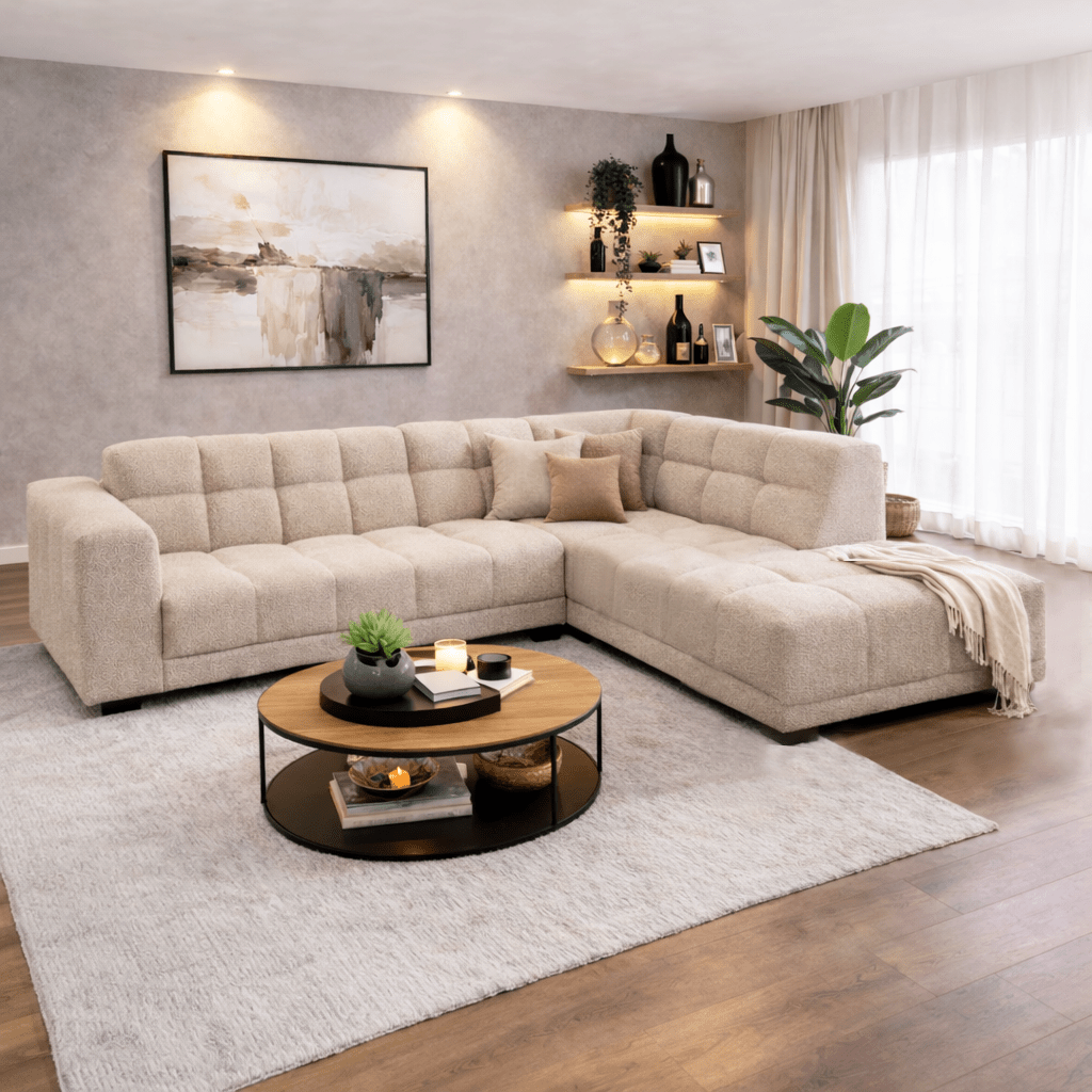 Banken - Hoekbank met lounge beige bouclé stof Nova - rechts - Dimehouse
