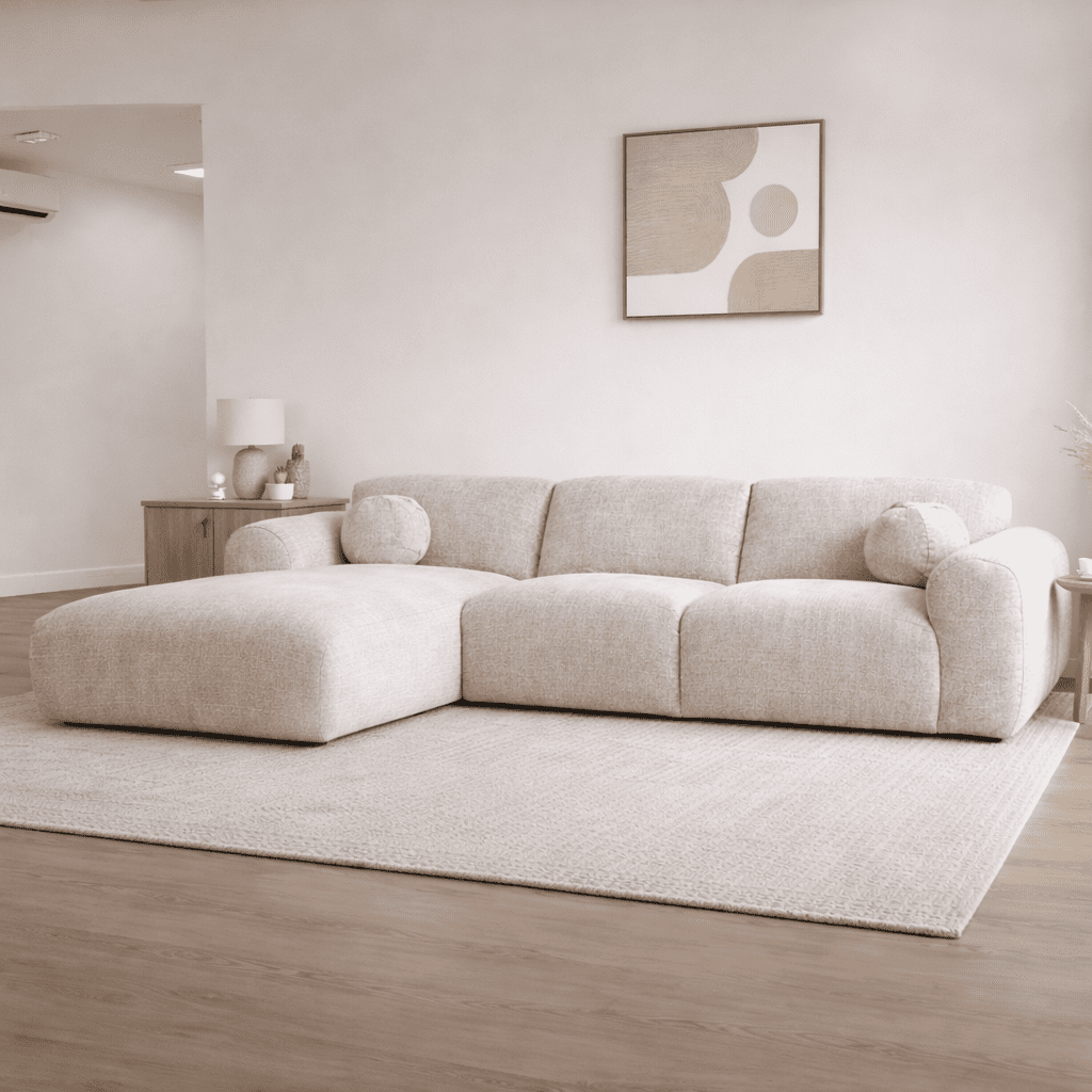 Hoekbank met lounge beige chenille stof Shane - links