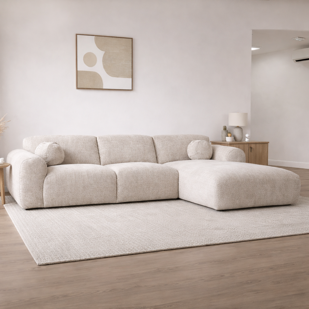 Hoekbank beige chenille stof met lounge Shane - rechts