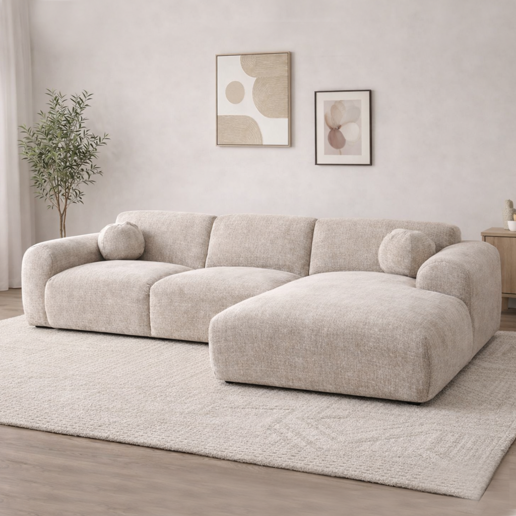 Hoekbank beige chenille stof met lounge Shane - rechts