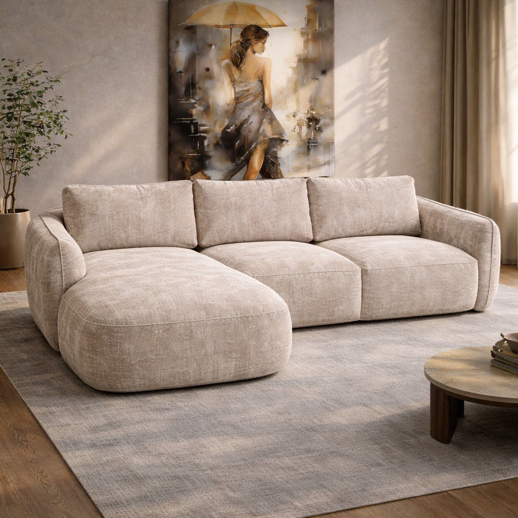 Hoekbank chaise longue beige structuurstof Dwayne - links