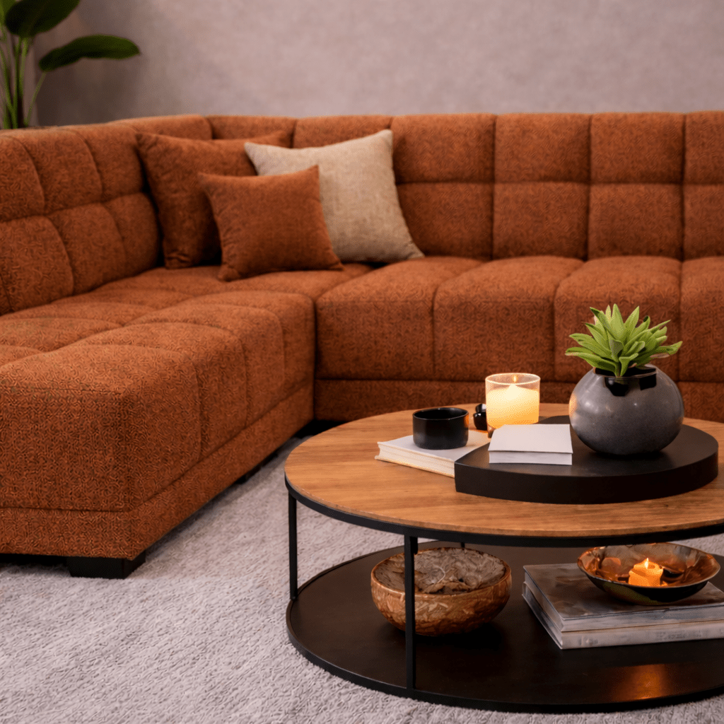 Hoekbank met lounge koper bouclé stof Nova - links