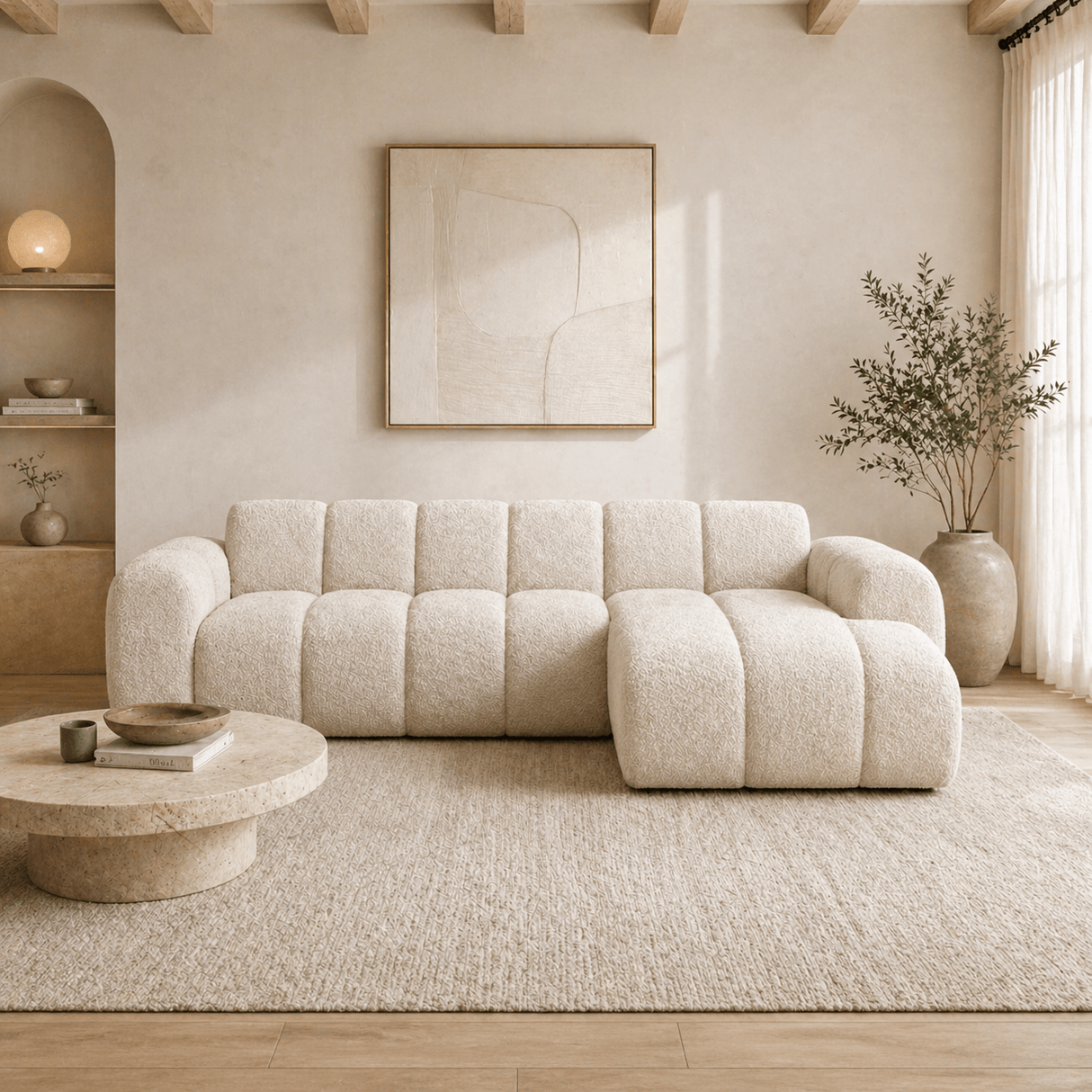 Banken - Hoekbank met lounge beige bouclé stof - strepen - rechts - Brix - Dimehouse
