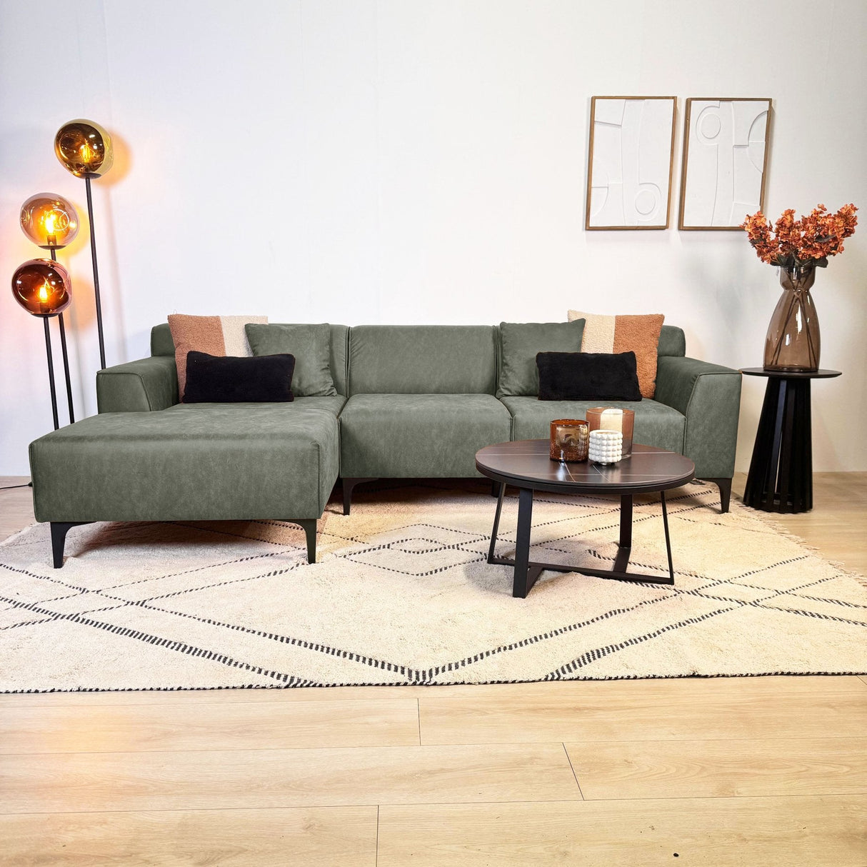 Hoekbank met compacte lounge groen microvezel Davidson - links