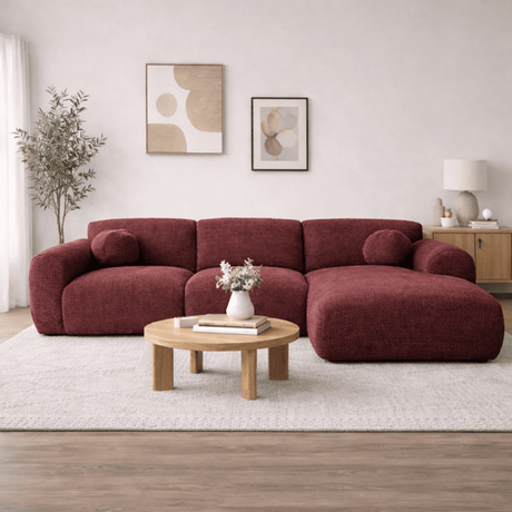 Hoekbank met lounge paars chenille stof Shane - links