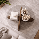 Ronde salontafel Aris walnoot melamine en transparant glas 75 cm