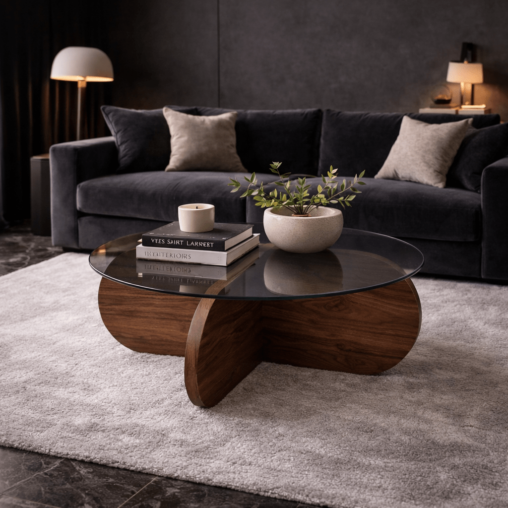 Ronde salontafel Aris walnoot melamine en transparant glas 75 cm