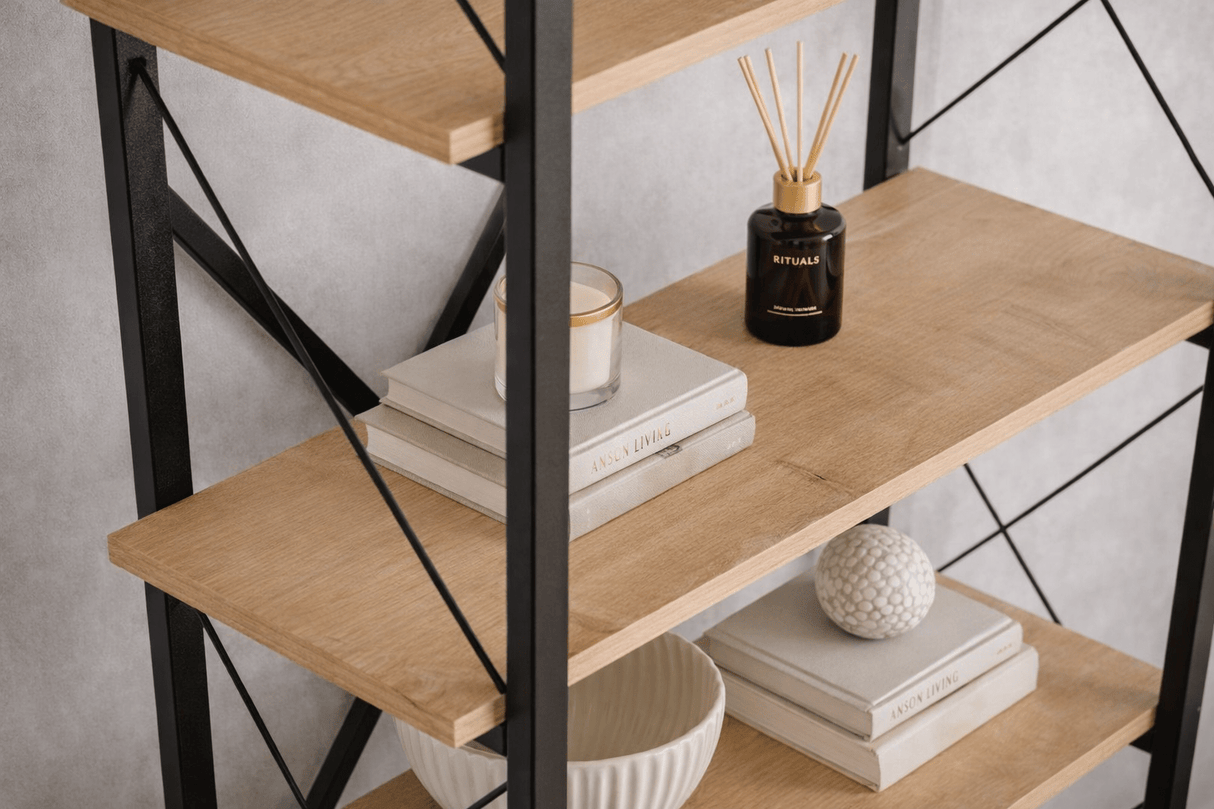 Industriële Boekenkast Ely Eiken Melamine - Zwart Frame - 180x90 cm