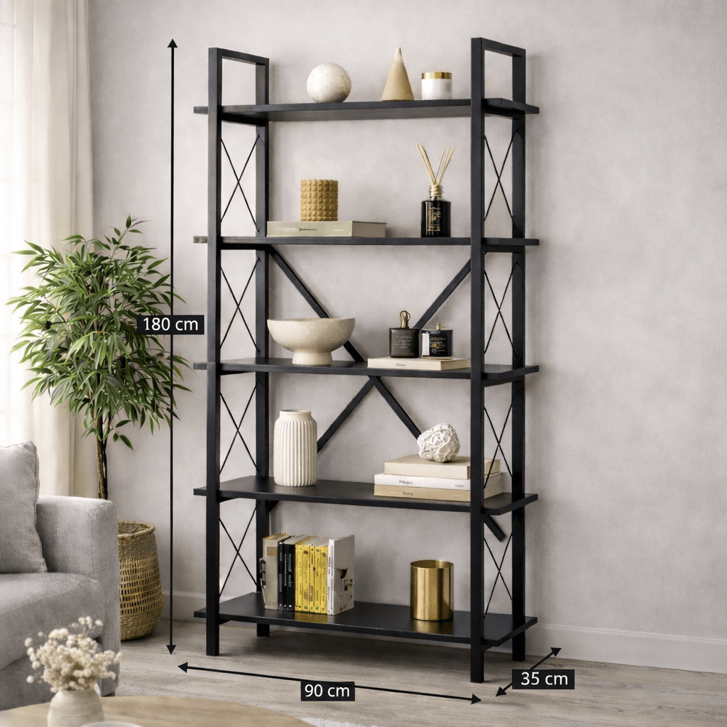 Industriële Boekenkast Ely Zwart Hout - Zwart Frame - 180x90 cm