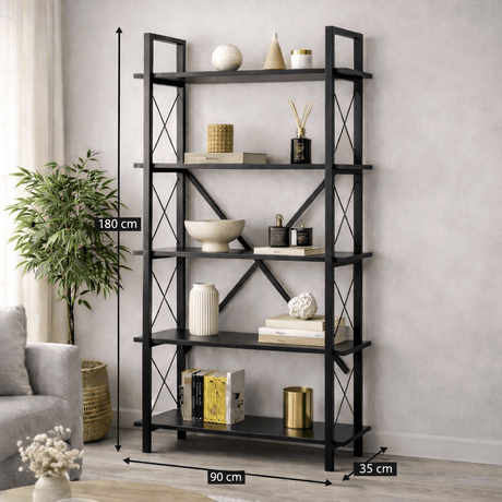 Industriële Boekenkast Ely Zwart Hout - Zwart Frame - 180x90 cm