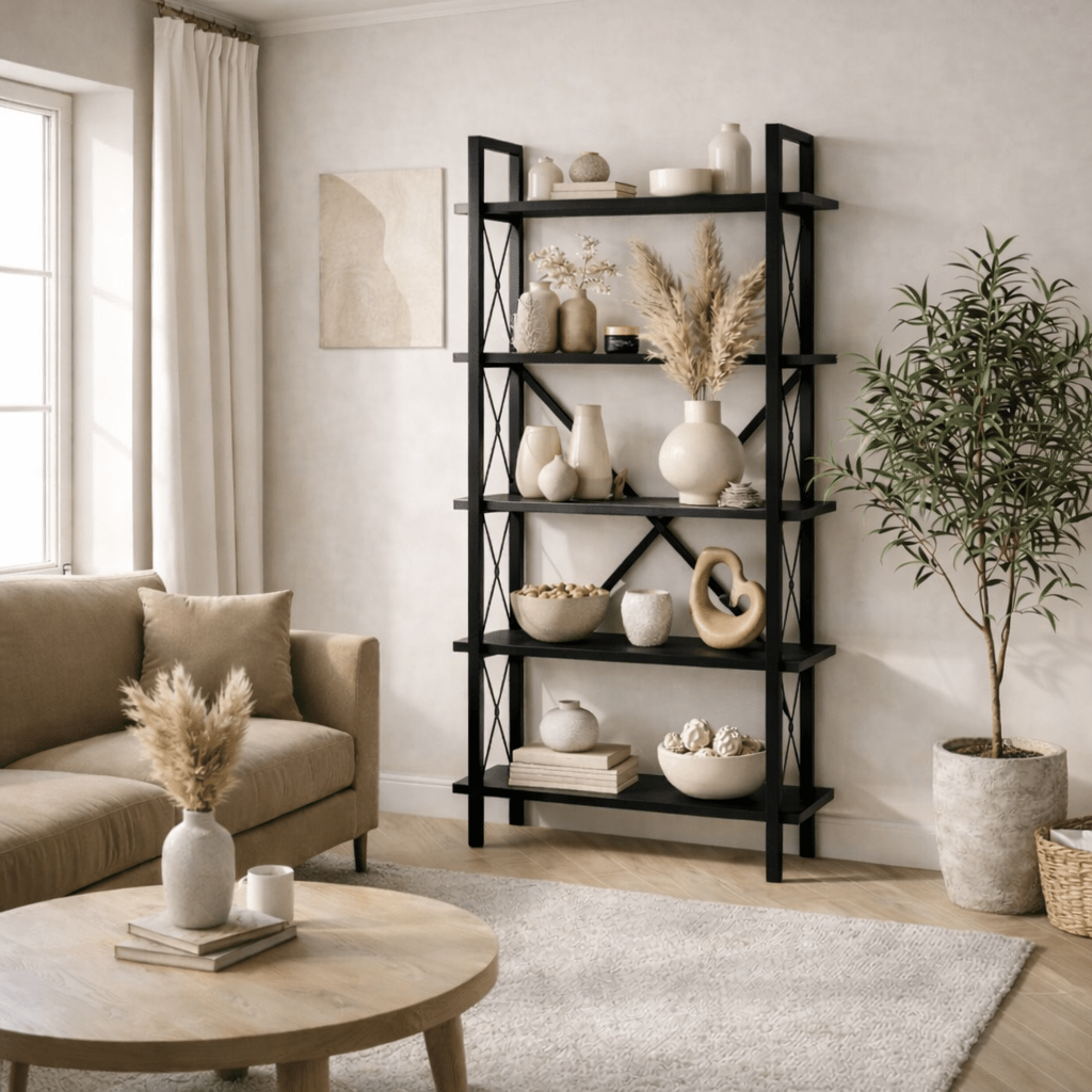 Industriële Boekenkast Ely Zwart Hout - Zwart Frame - 180x90 cm