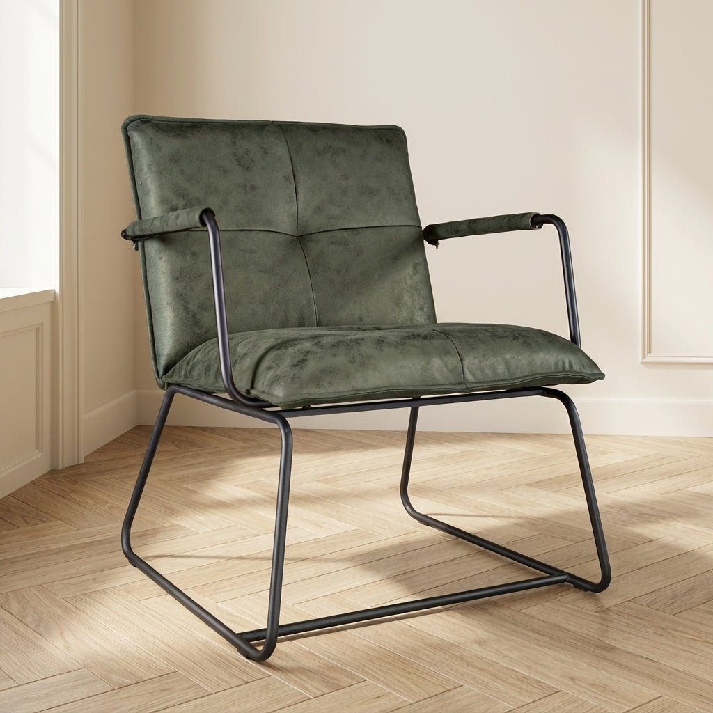 Industriële fauteuil Hailey groen eco-leer sfeerfoto in modern interieur