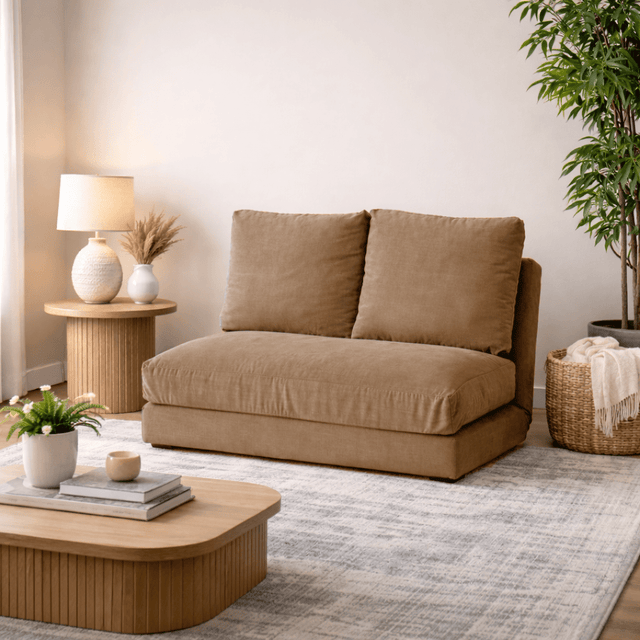 Banken - Slaapbank Japandi camel bruine stof 2 - zits - lage rug en verstelbaar - Taida - Dimehouse