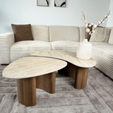 Salontafel set van 2 Jimi travertin blad met walnoot onderstel