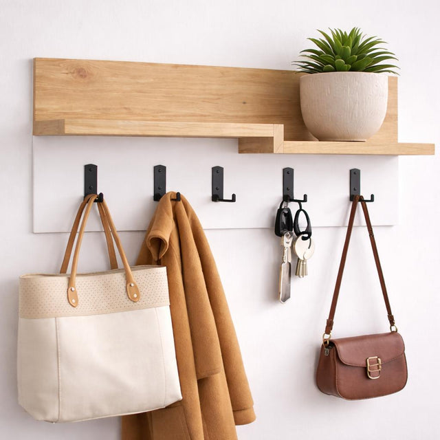 Kapstokken - Kapstok Eikenhout Melamine - 5 - Haaks Wit - 65 cm - Lagona - Dimehouse