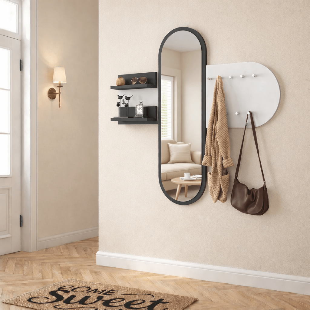 Kapstokken - Kapstok Wit Melamine 9 - Haaks - Met Spiegel - Twee Plankjes - Hally - Dimehouse