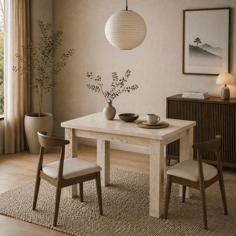 Eettafels - Kleine eettafel Travertin Melamine - 110 cm - met opbergruimte - Kara - Dimehouse