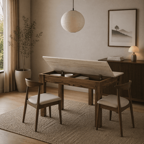 Eettafels - Kleine eettafel Walnoot met Travertin Melamine - 110 cm - met opbergruimte - Kara - Dimehouse