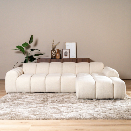 Banken-Hoekbank met lounge beige bouclé stof - strepen - rechts - Brix-Dimehouse