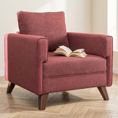 Landelijke fauteuil Bordeauxrood melange geweven stof Bella sfeerfoto in modern interieur