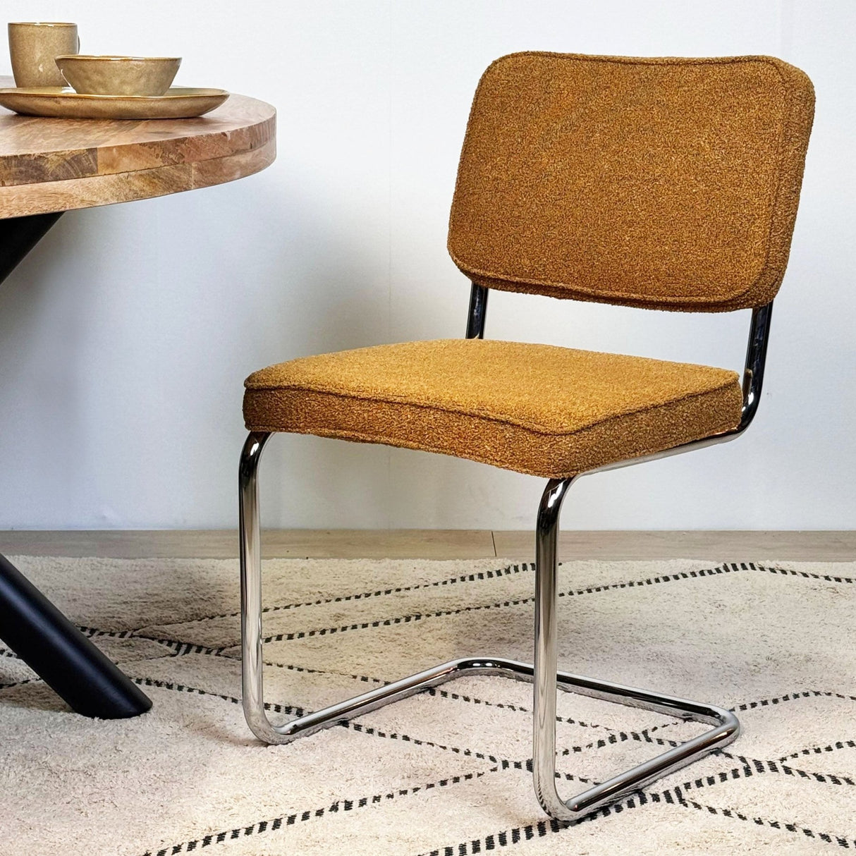 Moderne Eetkamerstoel Koper Bouclé Stof Sway - Chrome Frame - Zonder Armleuningen