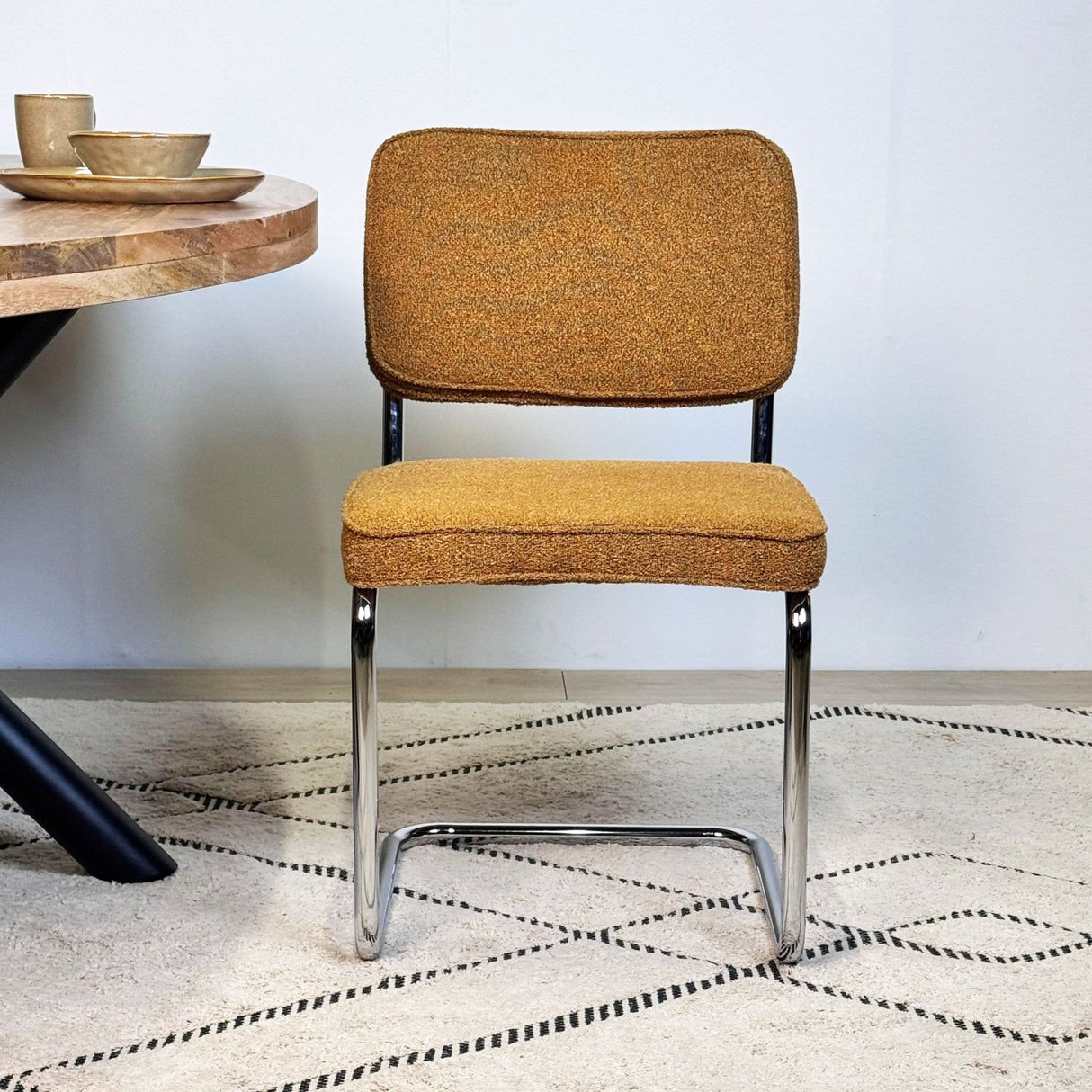 Moderne Eetkamerstoel Koper Bouclé Stof Sway - Chrome Frame - Zonder Armleuningen