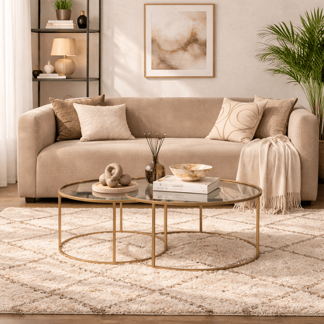 Salontafels - Moderne Ronde Salontafel Set van 2 Uru Goud - Transparant Glas - 80/60 cm - Dimehouse