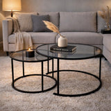 Salontafels - Moderne Ronde Salontafel Set van 2 Uru Zwart - Grijs Glas - 80/60 cm - Dimehouse