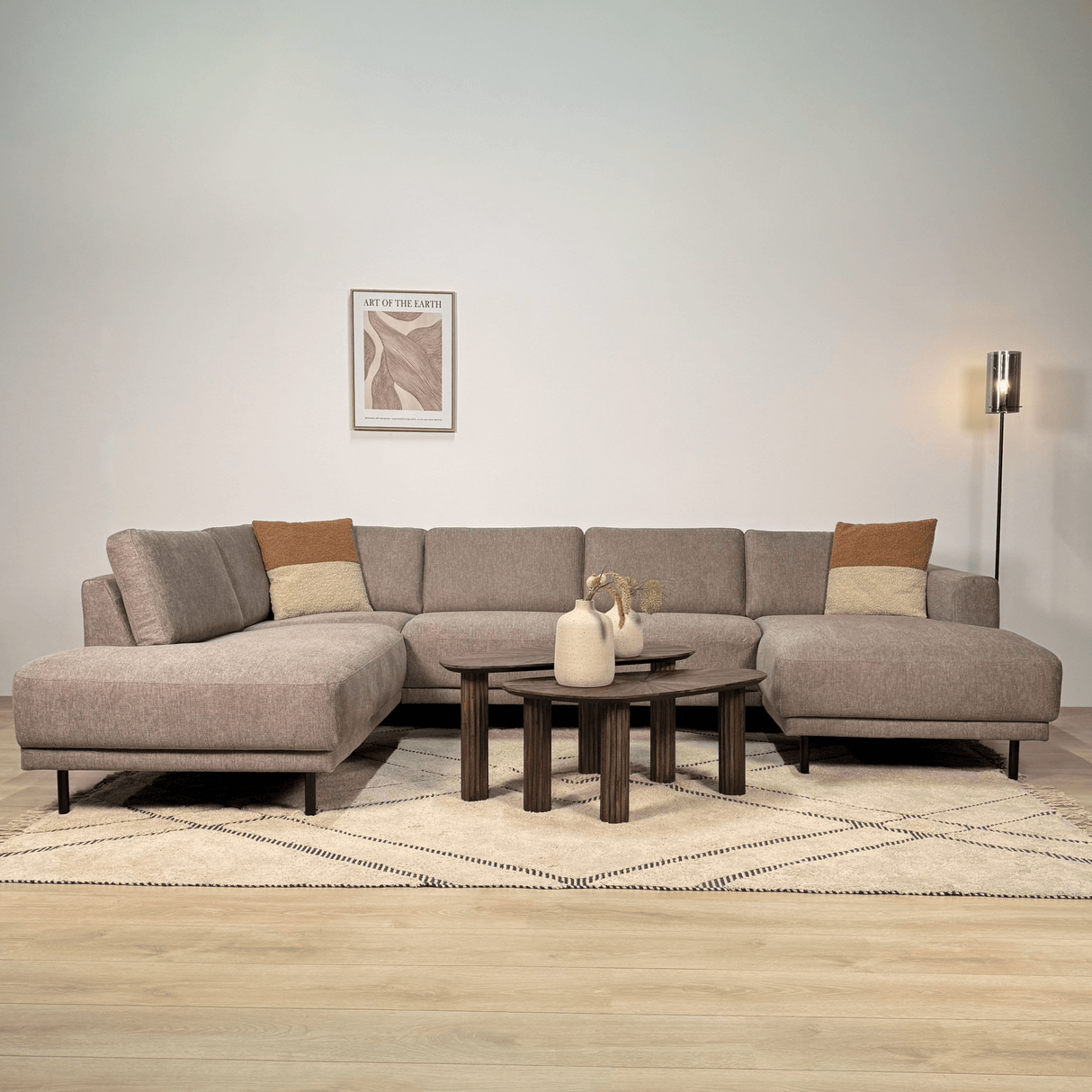 Moderne U-Bank Hoekbank Links Taupe Stof Aniko 310x197x78 cm