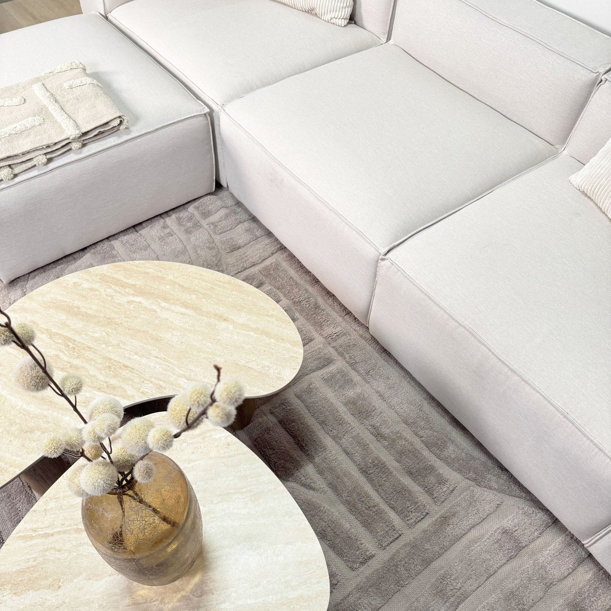 Modulaire hoekbank met losse hocker ecru beige linnen stof Fora - links
