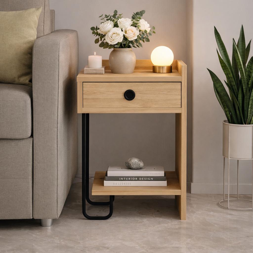 Nachtkastjes - Nachtkastje Eik Melamine - Met lade - Rechts - 32x61x30 cm - Sirius - Dimehouse