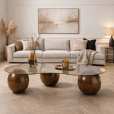 Organische salontafel brons getint glas walnoot bolpoten Sphere 120x70 cm