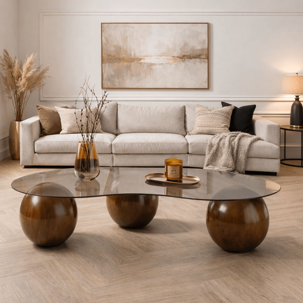 Organische salontafel grijs getint glas walnoot bolpoten Sphere 120x70 cm