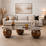 Organische salontafel grijs getint glas walnoot bolpoten Sphere 120x70 cm