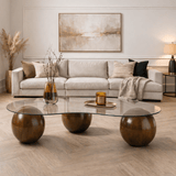 Organische salontafel transparant glas walnoot bolpoten Sphere 120x70 cm