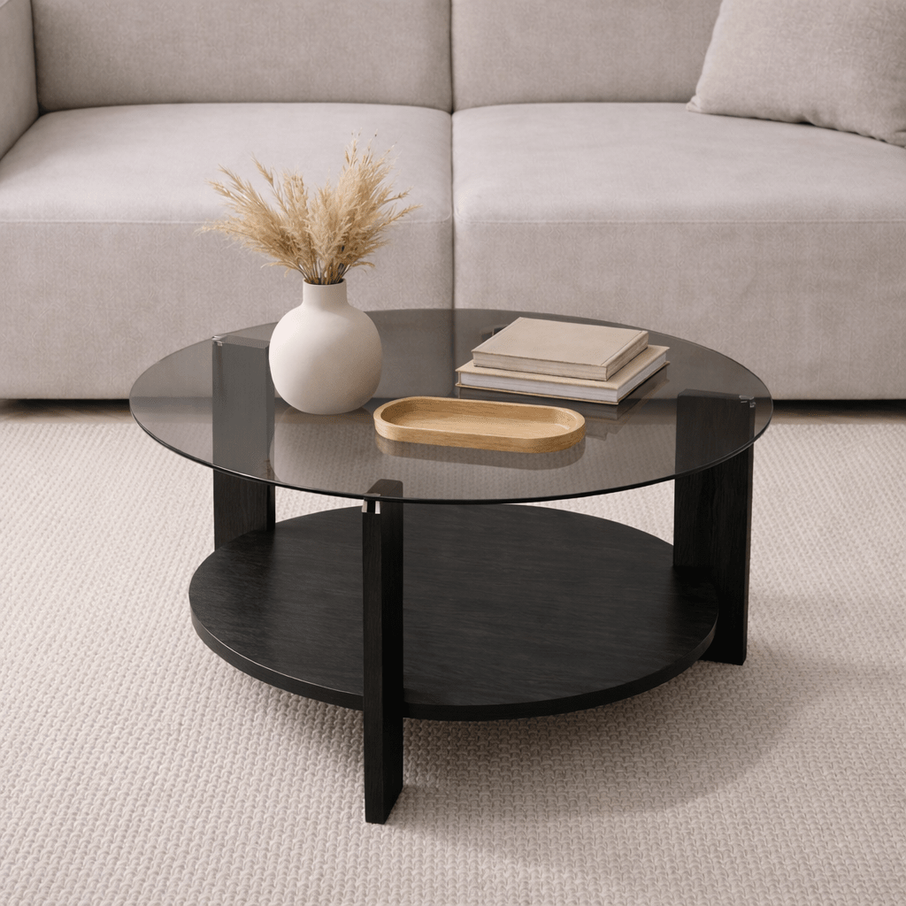 Ronde salontafel zwart melamine rookglas Ø75 cm - Cairo
