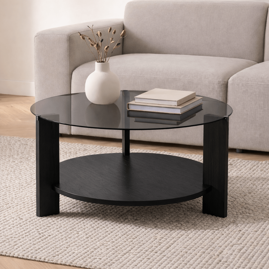 Ronde salontafel zwart melamine rookglas Ø75 cm - Cairo