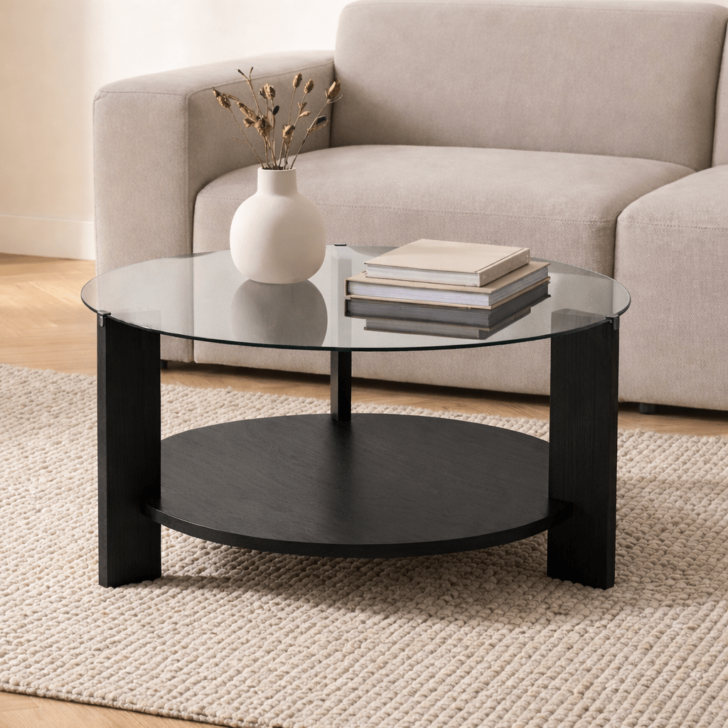 Ronde salontafel zwart melamine transparant glas Ø75 cm - Cairo