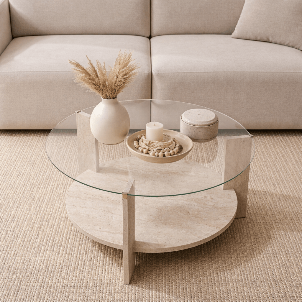 Salontafels - Ronde salontafel travertin melamine transparant glas Ø75 cm - Cairo - Dimehouse