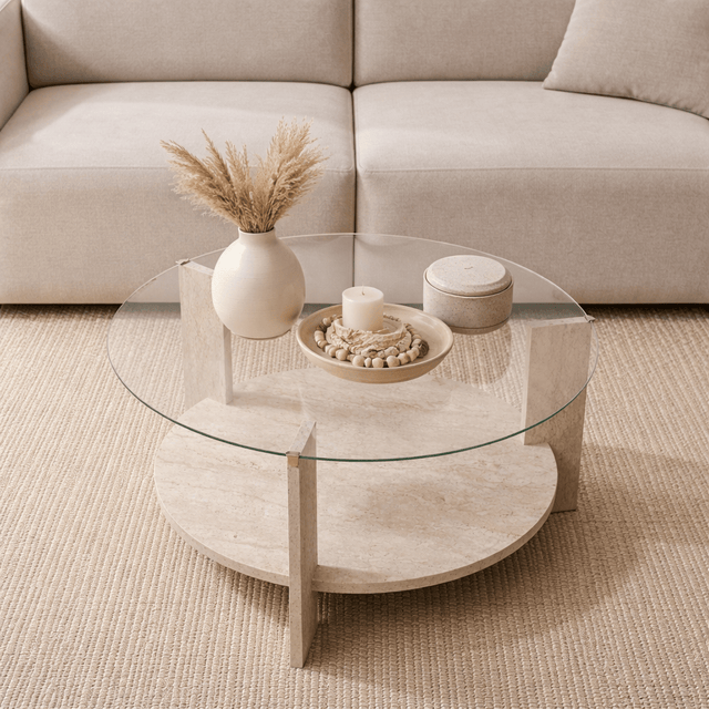 Salontafels - Ronde salontafel travertin melamine transparant glas Ø75 cm - Cairo - Dimehouse