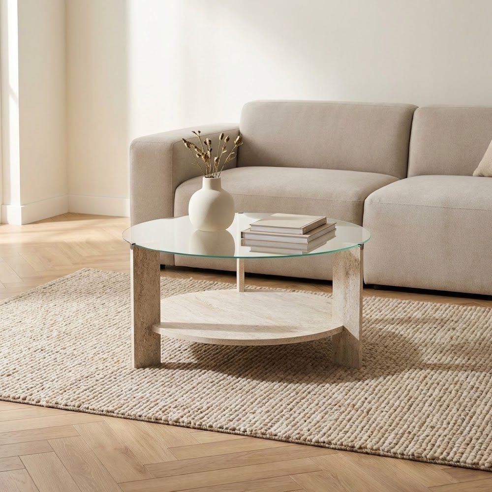 Salontafels - Ronde salontafel travertin melamine transparant glas Ø75 cm - Cairo - Dimehouse