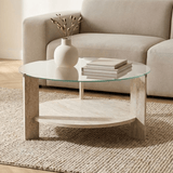 Salontafels - Ronde salontafel travertin melamine transparant glas Ø75 cm - Cairo - Dimehouse