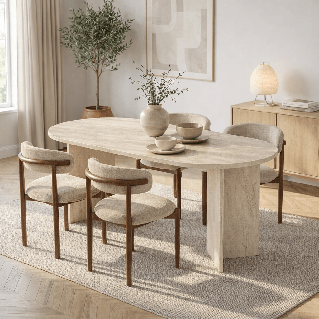 Eettafels - Ovale eettafel travertin melamine - Japandi - 180x89,5x75 cm - Sota - Dimehouse