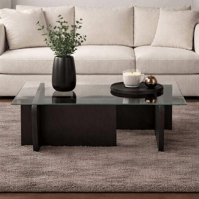 Salontafels - Salontafel Zwart Hout Melamine Glas Opal 105x65x30 cm - Dimehouse