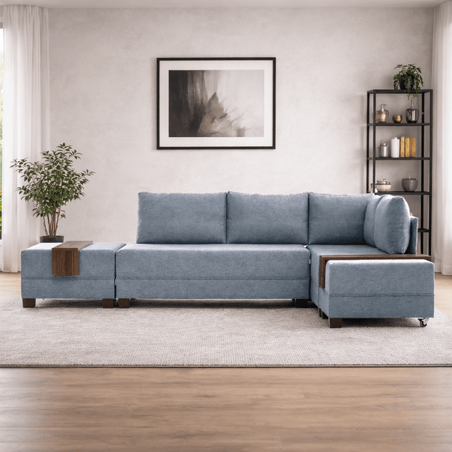 Banken - Slaapbank blauw stof - XXL 280 x 210 - Rechts - Fly - Dimehouse
